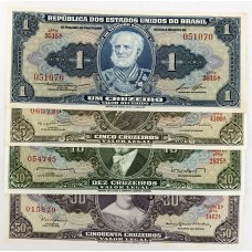 BRAZIL 1963 . ONE 1, FIVE 5, TEN 10, FIFTY 50 CRUZEIRO BANKNOTES